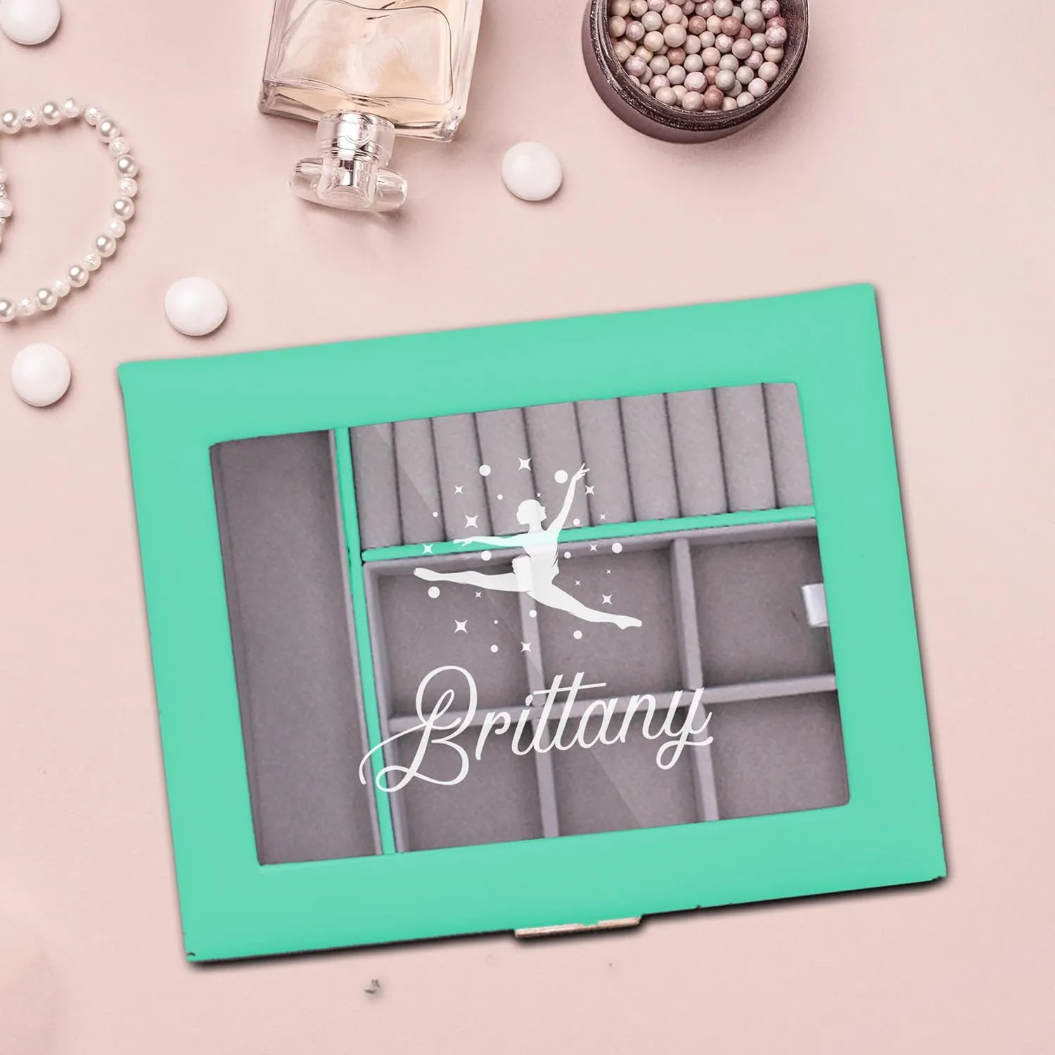 Custom Engraved Kids, Girls Jewelry Box with Name, Princess, Flower, Butterfly (Aqua)