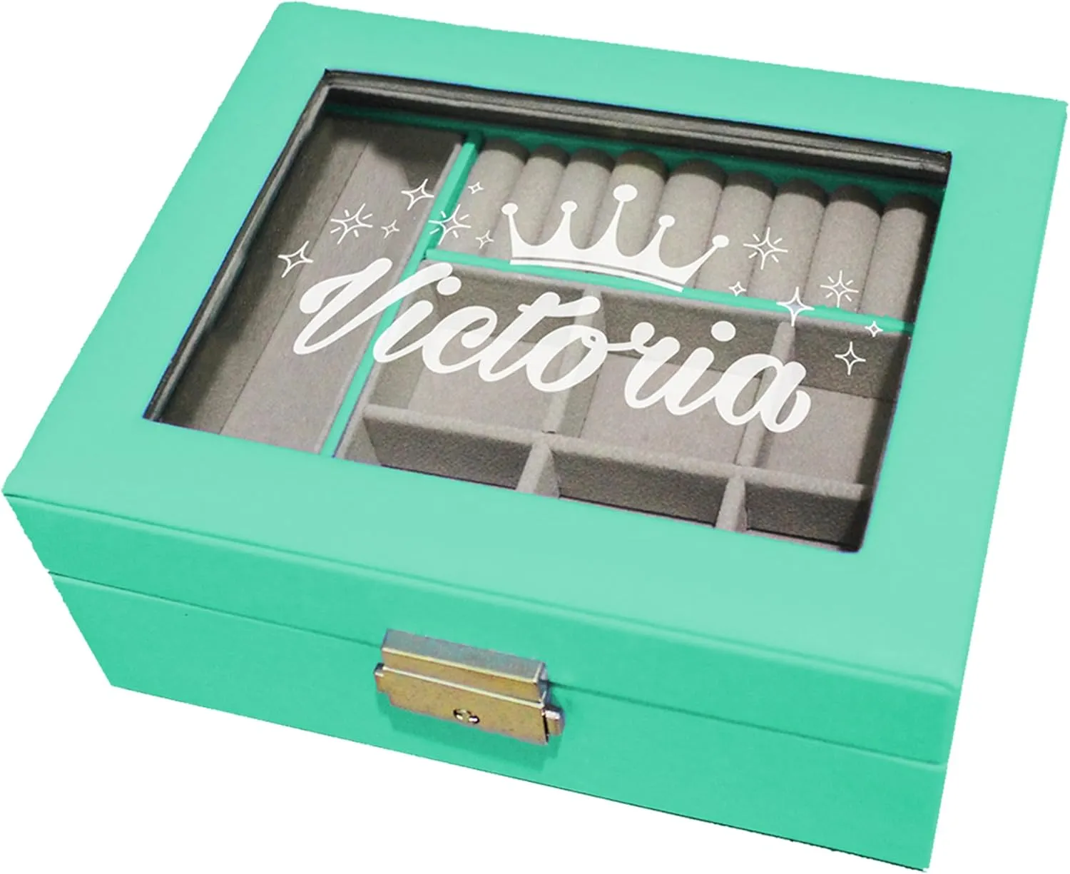 Custom Engraved Kids, Girls Jewelry Box with Name, Princess, Flower, Butterfly (Aqua)