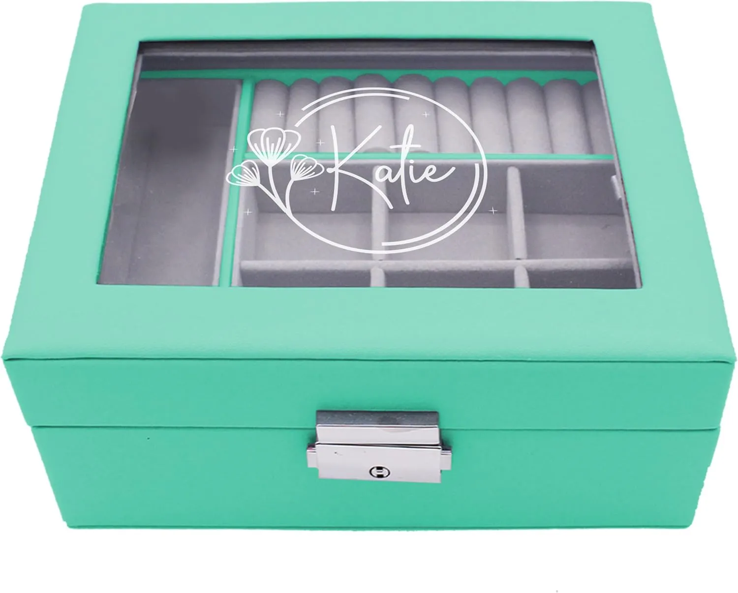 Custom Engraved Kids, Girls Jewelry Box with Name, Princess, Flower, Butterfly (Aqua)
