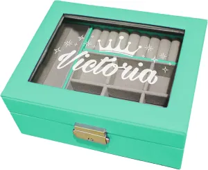 Custom Engraved Kids, Girls Jewelry Box with Name, Princess, Flower, Butterfly (Aqua)