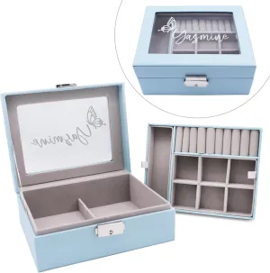 Custom Engraved Kids, Girls Jewelry Box with Name, Princess, Flower, Butterfly (Blue)