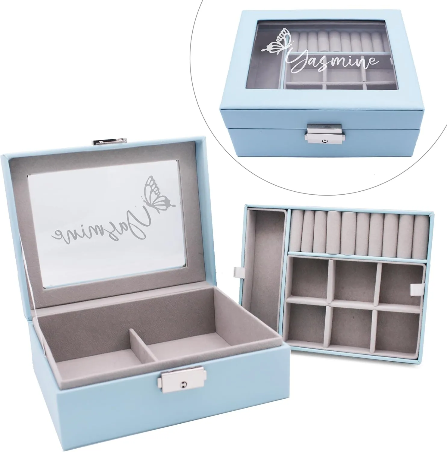 Custom Engraved Kids, Girls Jewelry Box with Name, Princess, Flower, Butterfly (Blue)