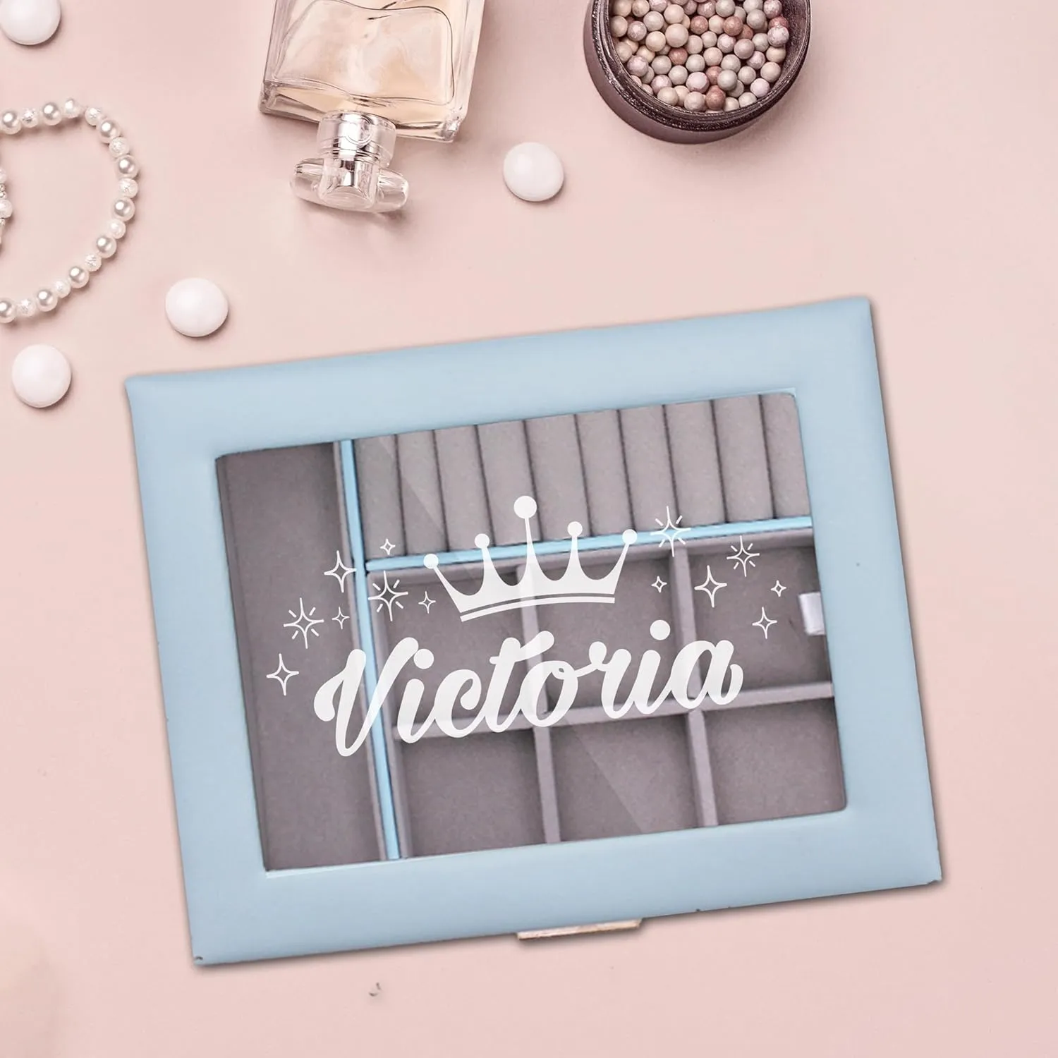 Custom Engraved Kids, Girls Jewelry Box with Name, Princess, Flower, Butterfly (Blue)