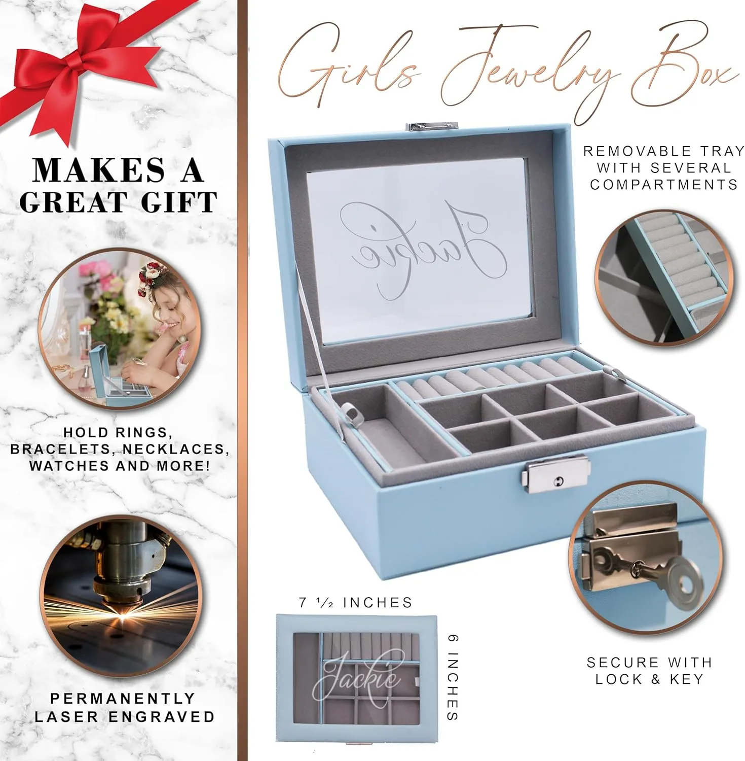 Custom Engraved Kids, Girls Jewelry Box with Name, Princess, Flower, Butterfly (Blue)