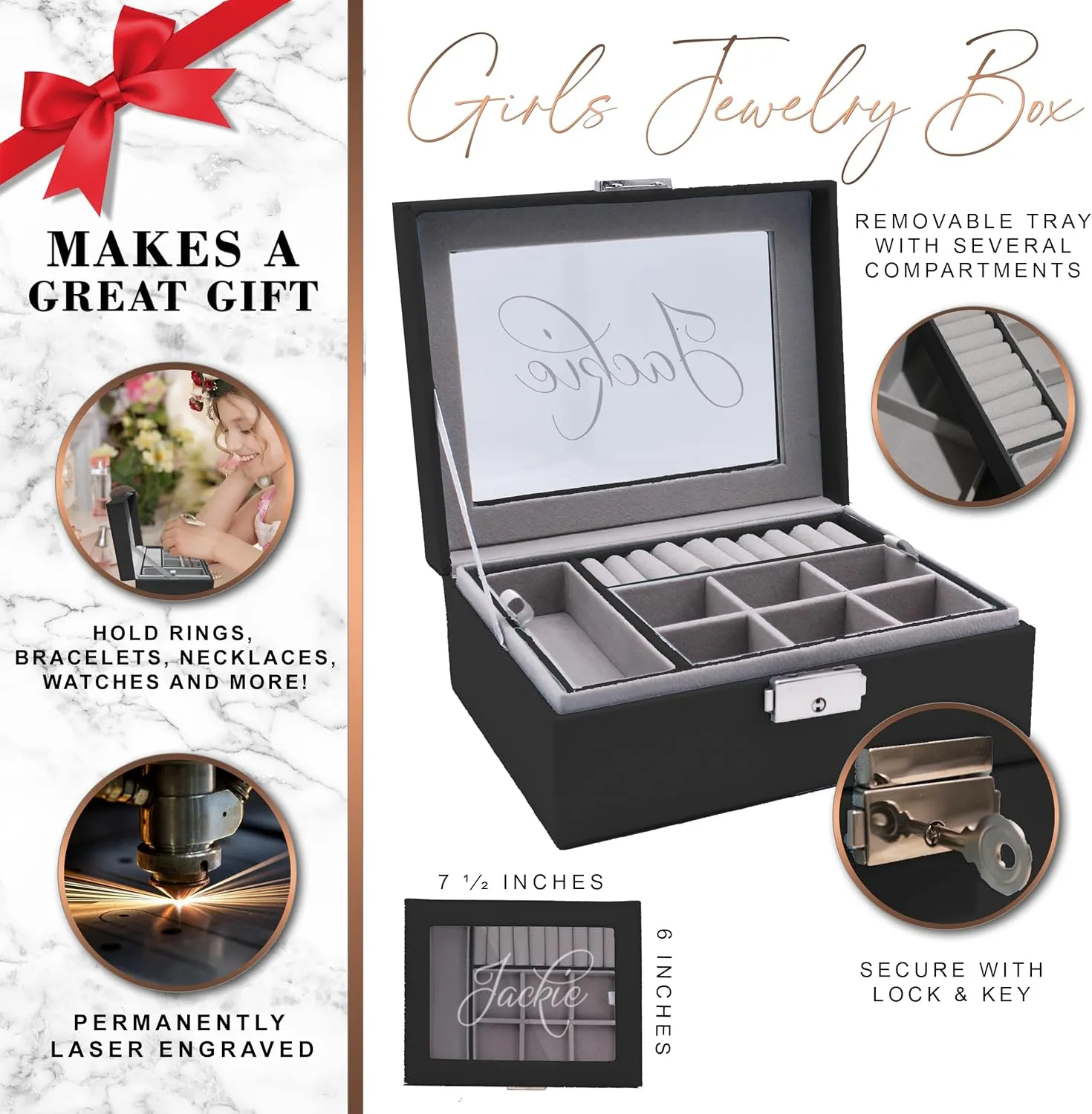 Custom Engraved Kids, Girls Jewelry Box with Name, Princess, Flower, Butterfly (Jet Black)