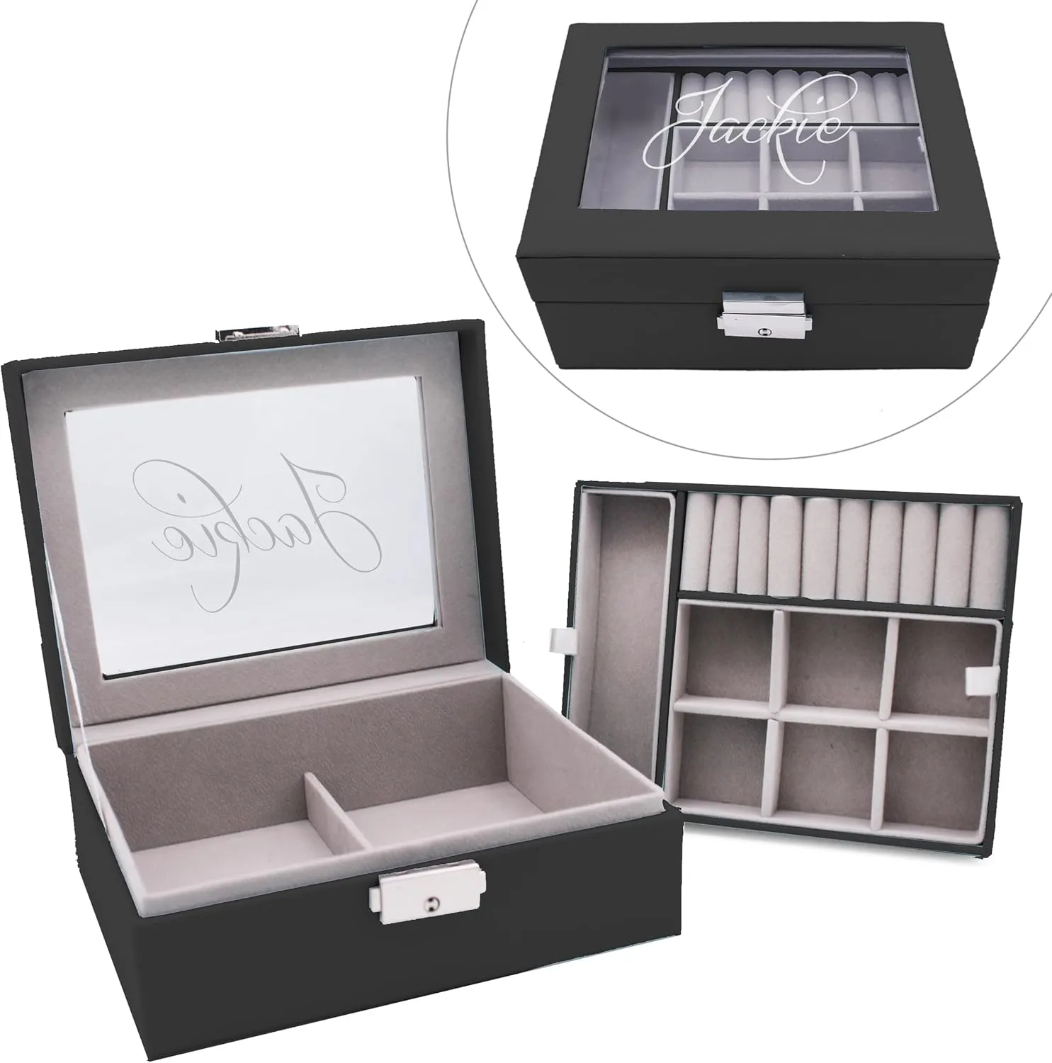 Custom Engraved Kids, Girls Jewelry Box with Name, Princess, Flower, Butterfly (Jet Black)