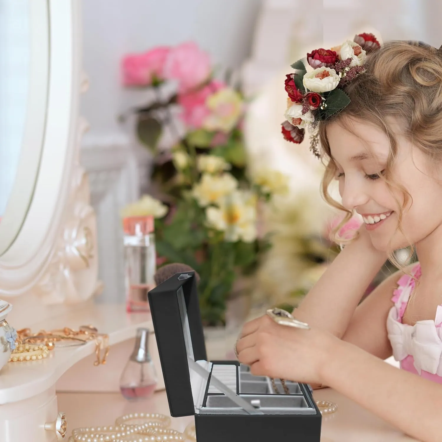 Custom Engraved Kids, Girls Jewelry Box with Name, Princess, Flower, Butterfly (Jet Black)