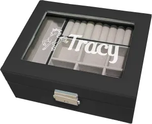 Custom Engraved Kids, Girls Jewelry Box with Name, Princess, Flower, Butterfly (Jet Black)