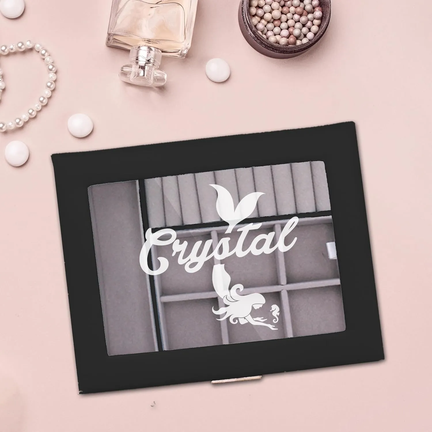 Custom Engraved Kids, Girls Jewelry Box with Name, Princess, Flower, Butterfly (Jet Black)