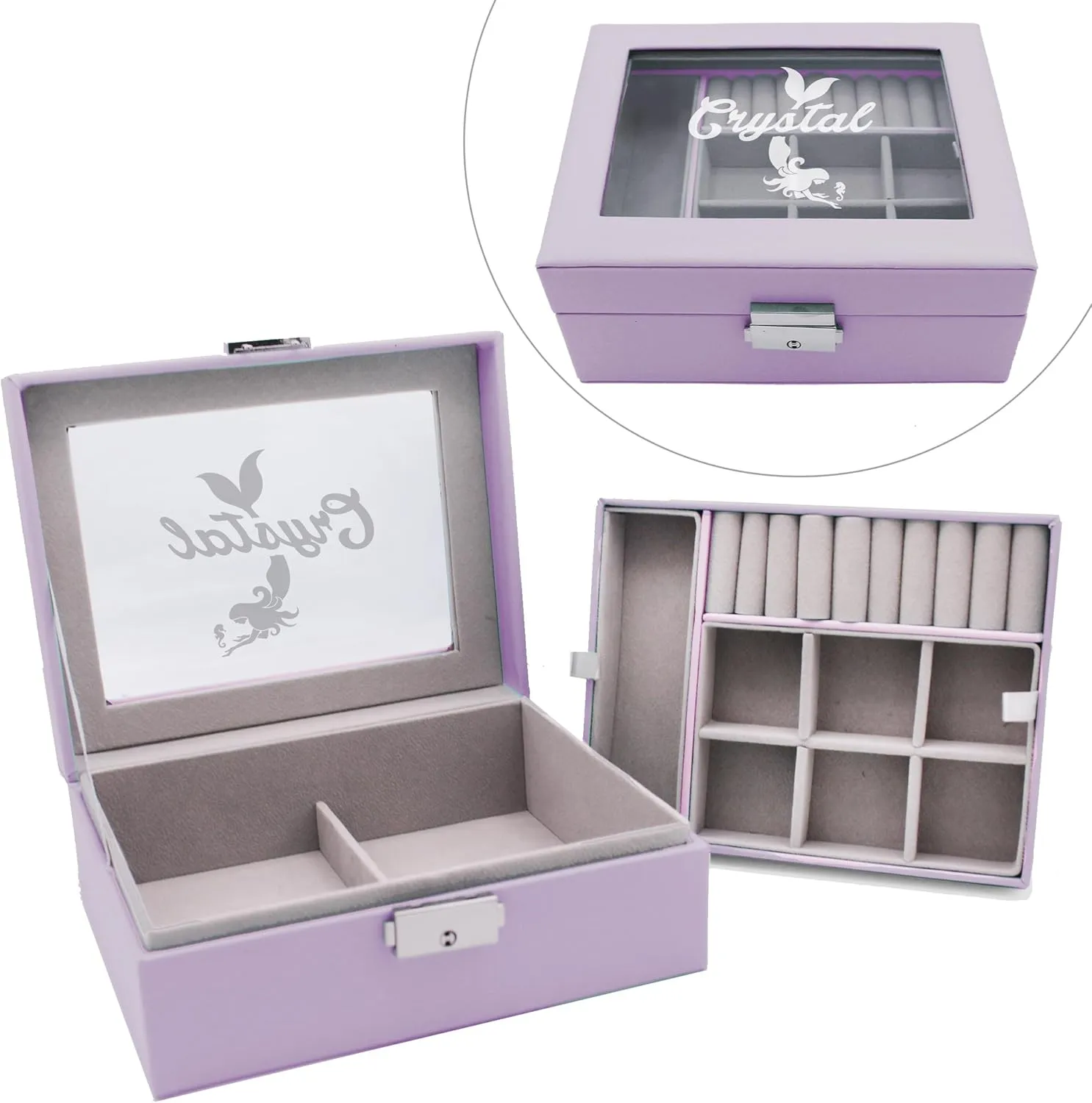 Custom Engraved Kids, Girls Jewelry Box with Name, Princess, Flower, Butterfly (Lavender)