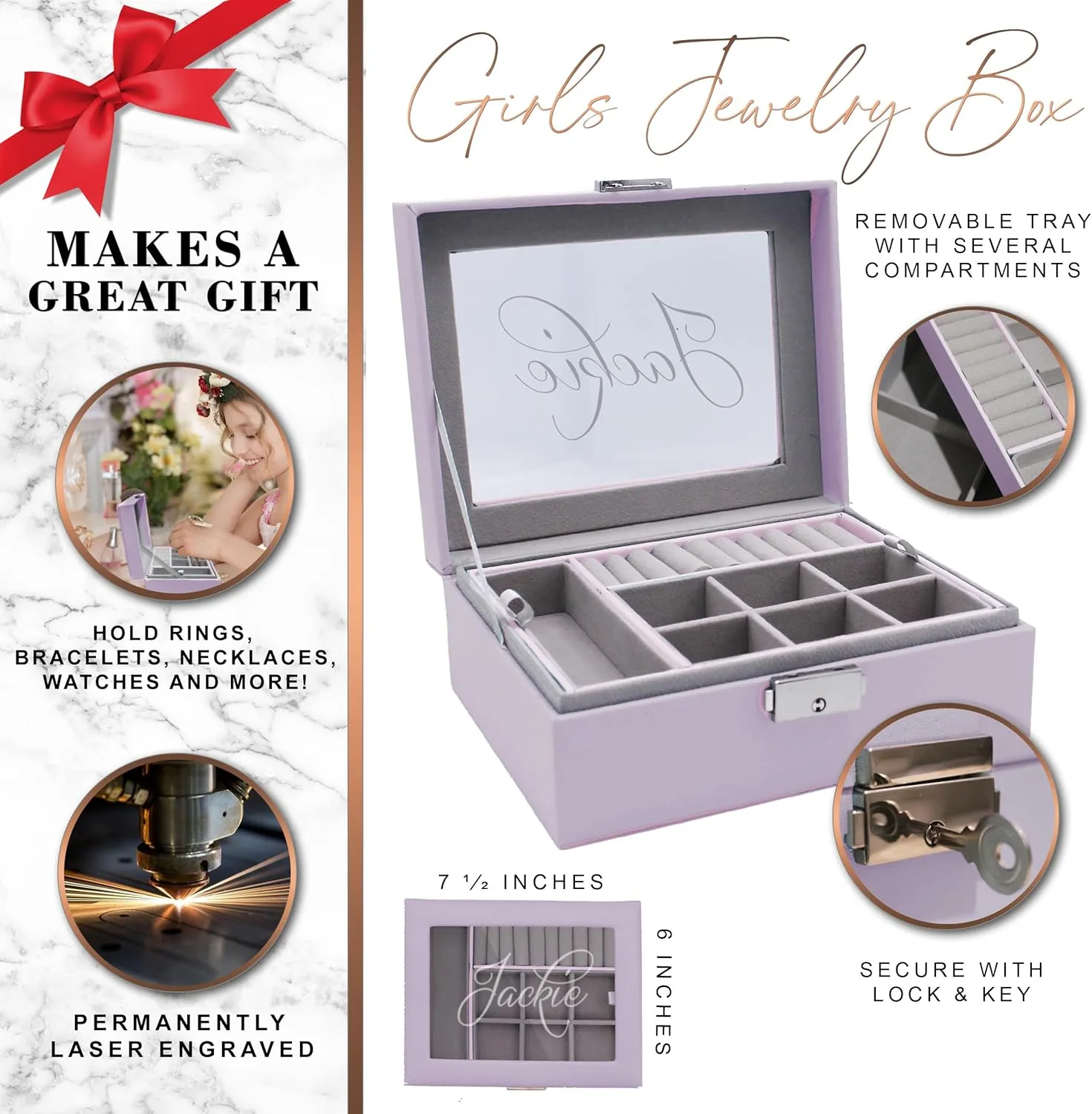 Custom Engraved Kids, Girls Jewelry Box with Name, Princess, Flower, Butterfly (Lavender)