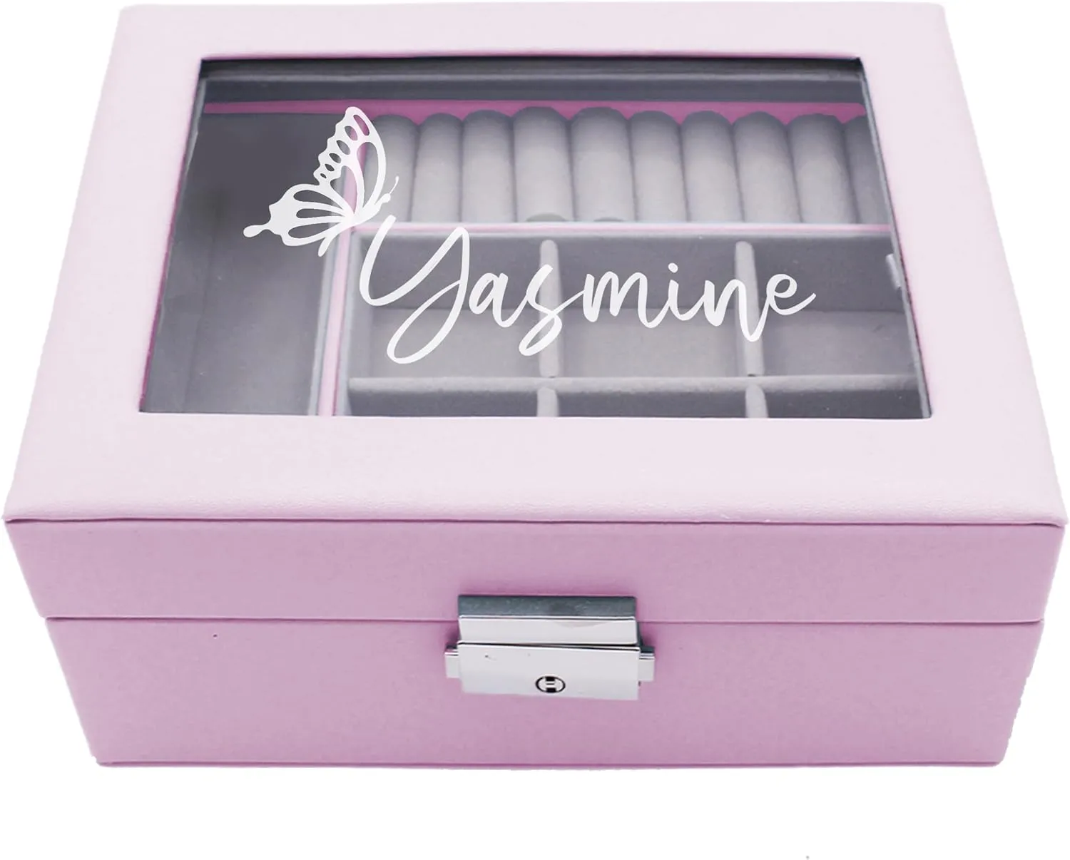 Custom Engraved Kids, Girls Jewelry Box with Name, Princess, Flower, Butterfly (Pink)