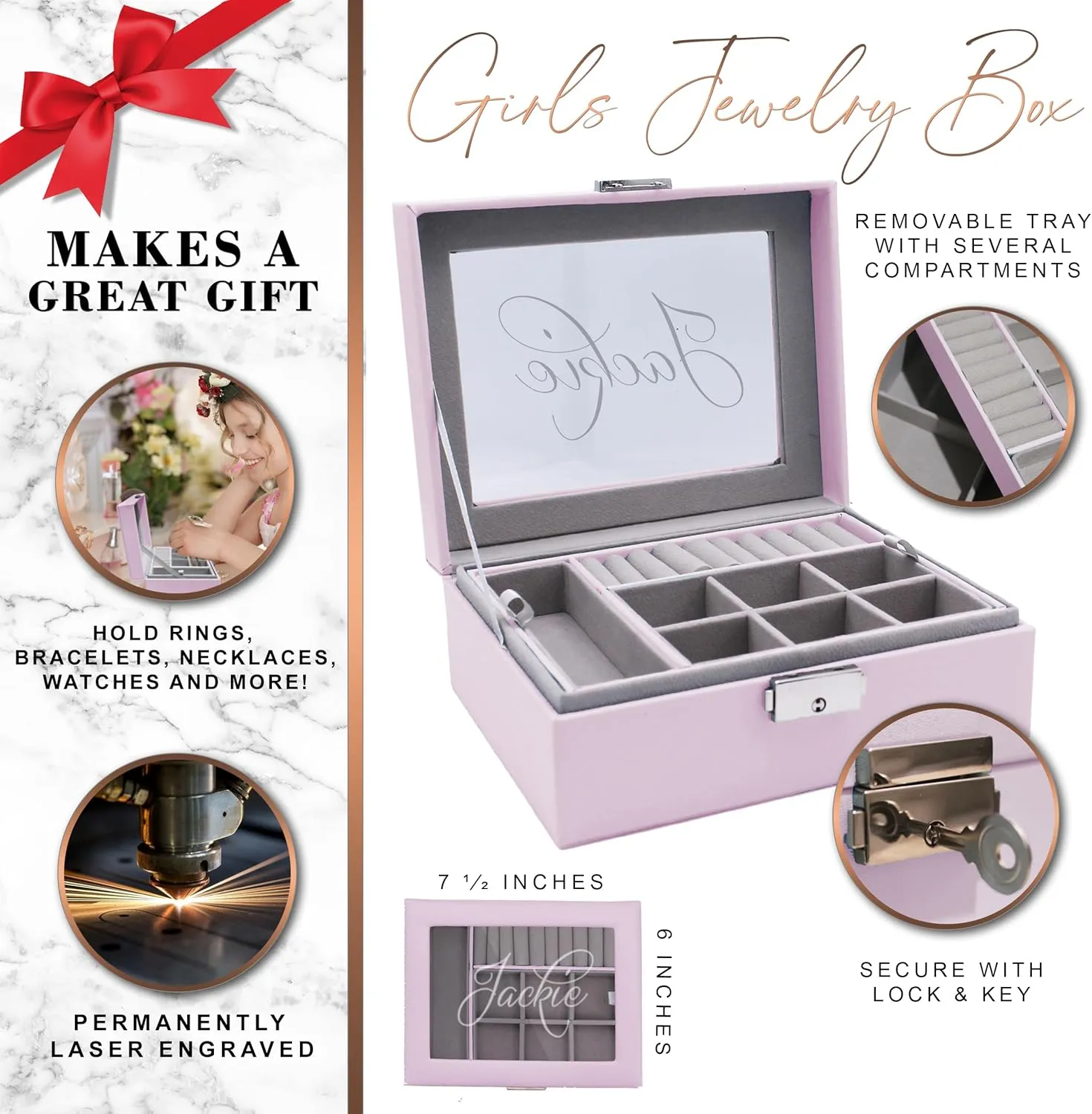 Custom Engraved Kids, Girls Jewelry Box with Name, Princess, Flower, Butterfly (Pink)
