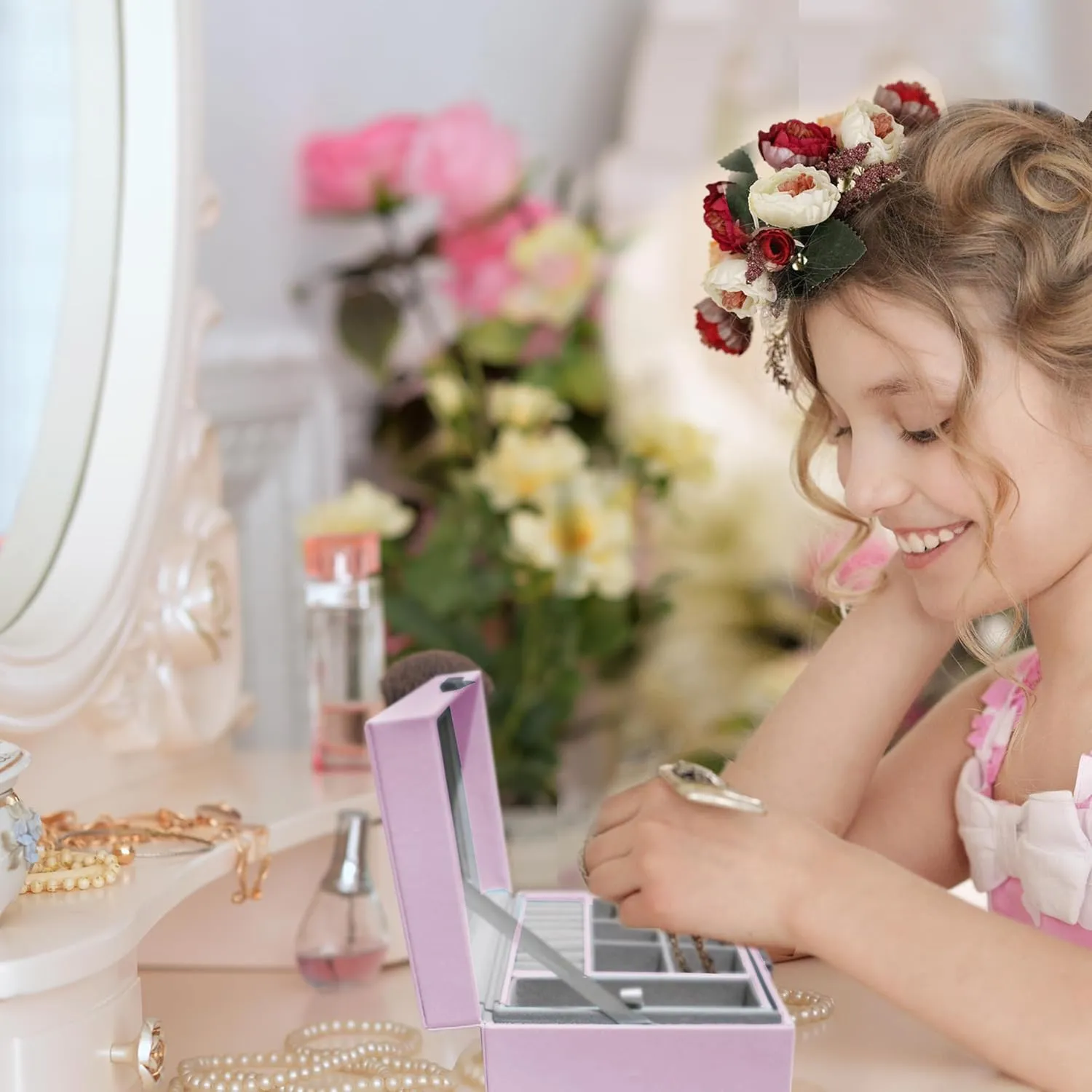Custom Engraved Kids, Girls Jewelry Box with Name, Princess, Flower, Butterfly (Pink)