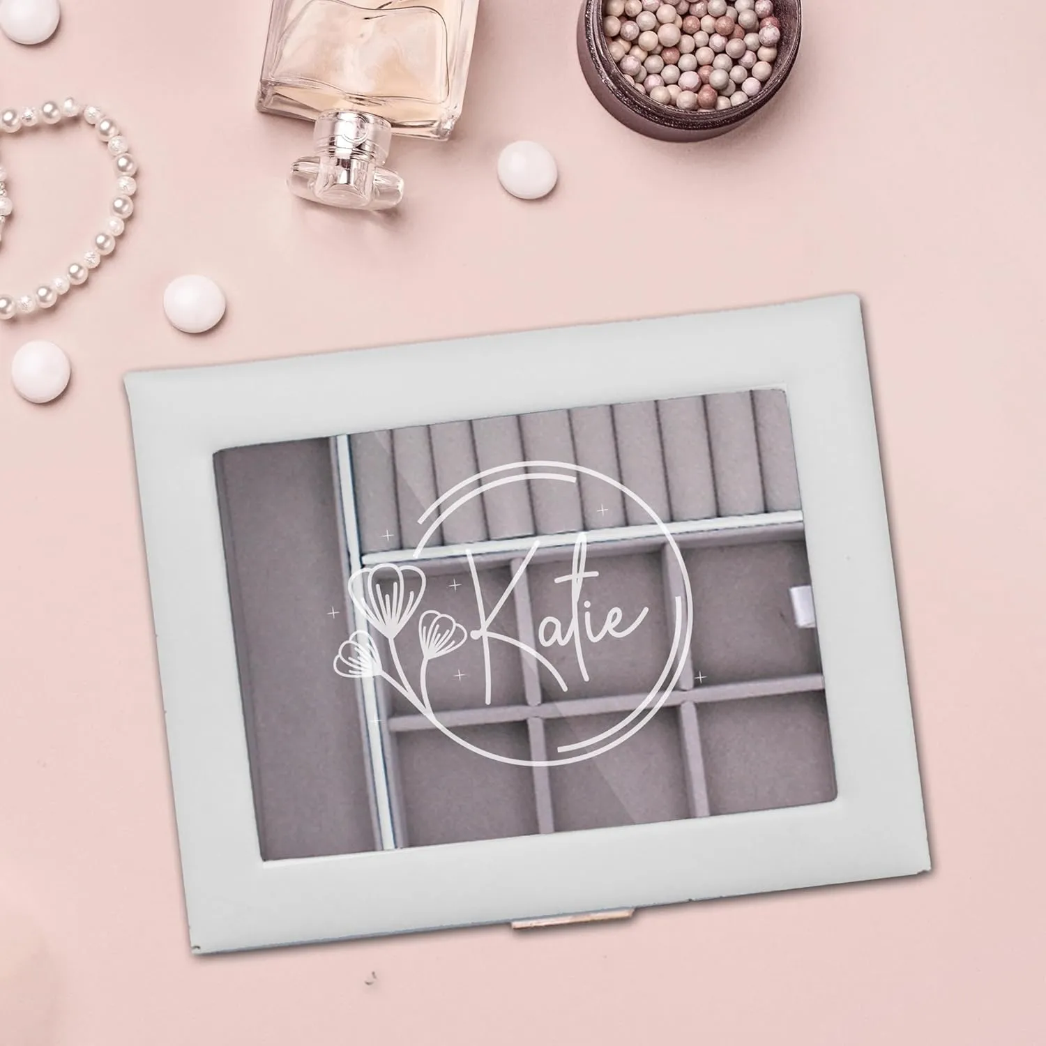 Custom Engraved Kids, Girls Jewelry Box with Name, Princess, Flower, Butterfly (White)