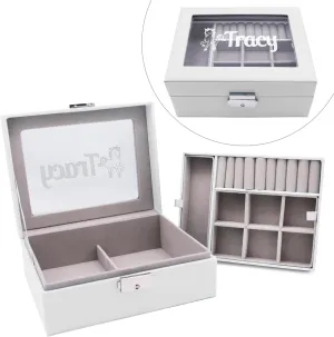 Custom Engraved Kids, Girls Jewelry Box with Name, Princess, Flower, Butterfly (White)