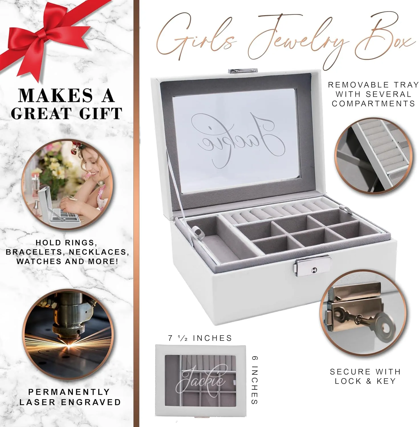 Custom Engraved Kids, Girls Jewelry Box with Name, Princess, Flower, Butterfly (White)