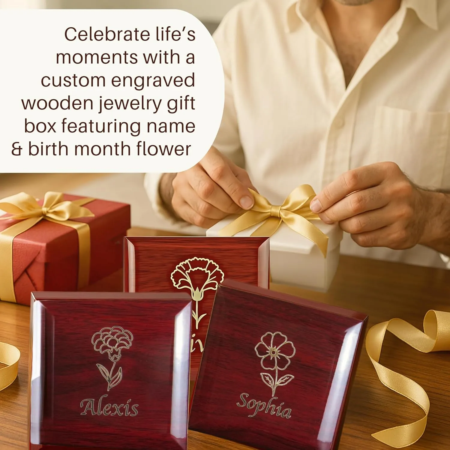 Custom Wooden Jewelry Gift Box with Light, Wood Case for Necklace, Bracelets, Personalized Engraved, Customized Name and Birth Flower Women, Mom, Bridesmaid Gifts
