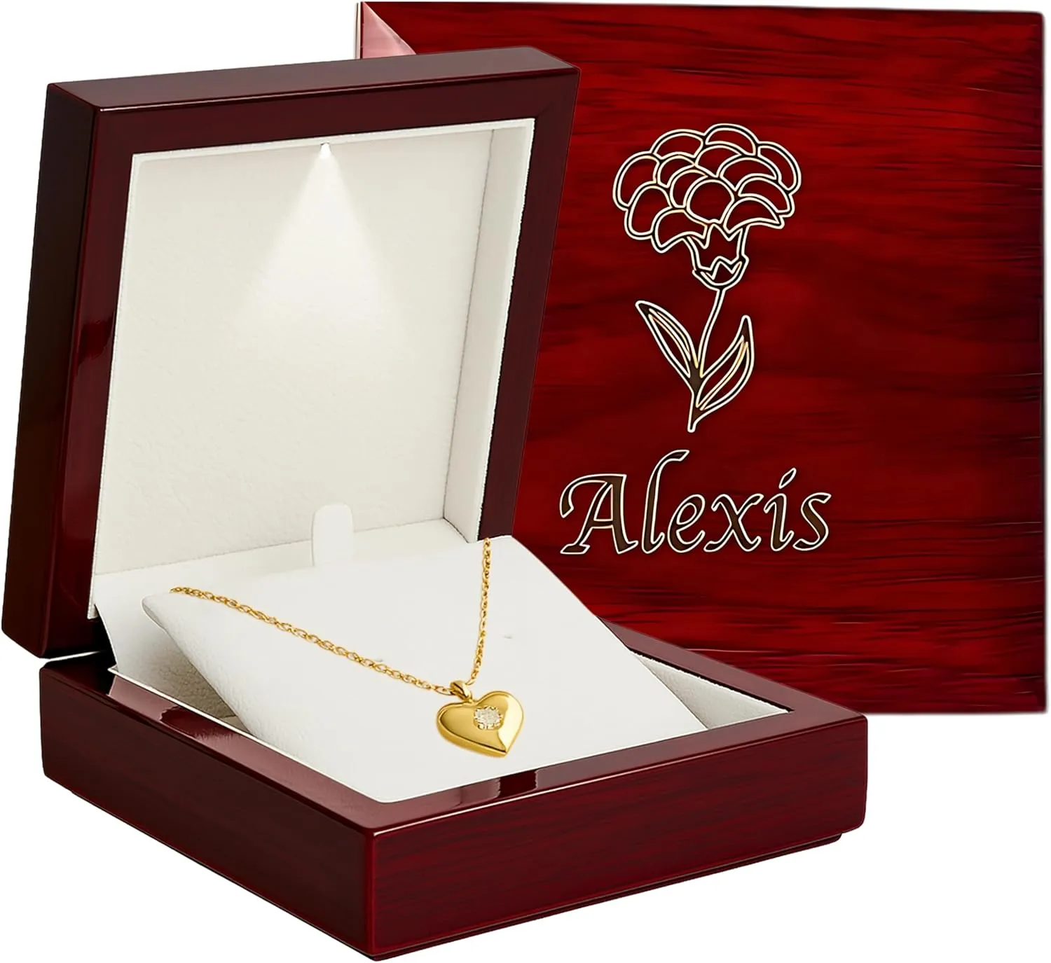 Custom Wooden Jewelry Gift Box with Light, Wood Case for Necklace, Bracelets, Personalized Engraved, Customized Name and Birth Flower Women, Mom, Bridesmaid Gifts