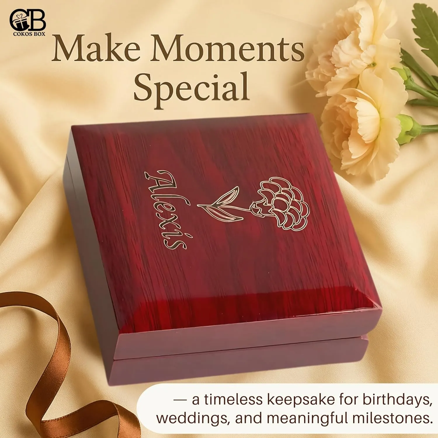Custom Wooden Jewelry Gift Box with Light, Wood Case for Necklace, Bracelets, Personalized Engraved, Customized Name and Birth Flower Women, Mom, Bridesmaid Gifts