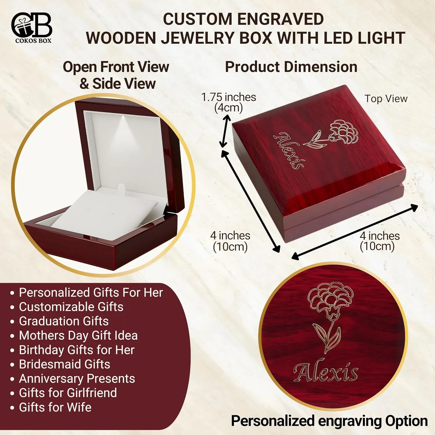 Custom Wooden Jewelry Gift Box with Light, Wood Case for Necklace, Bracelets, Personalized Engraved, Customized Name and Birth Flower Women, Mom, Bridesmaid Gifts