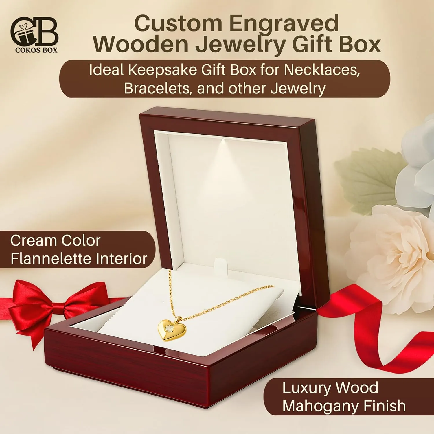 Custom Wooden Jewelry Gift Box with Light, Wood Case for Necklace, Bracelets, Personalized Engraved, Customized Name and Birth Flower Women, Mom, Bridesmaid Gifts