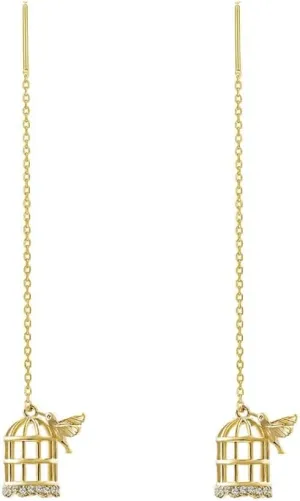 Cute Bird Cage Long Chain Dangle Drop Earrings 925 Sterling Silver Pin Crystal Cubic Zirconia Animal Birdcage Tassel Threader Dangling Earring Fashion Jewelry Gifts for Women Hypoallergenic