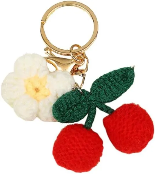 Cute Handmade Weaving Keychains Strawberry Cherry Flower Keychains Fruit Keychain Women Girls Bag Purse Car Accessories