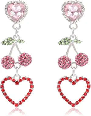 Cute Pink Cherry Earrings for Women Dangle Rhinestone Sweet Drop Red Love Heart Cherry Earrings Crystal Colorful Fruit Statement Earrings for Party Vacation Trendy Y2K Jewelry Gifts for Teens
