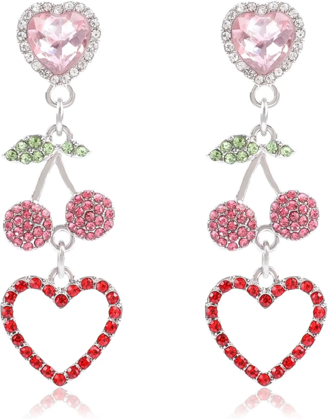 Cute Pink Cherry Earrings for Women Dangle Rhinestone Sweet Drop Red Love Heart Cherry Earrings Crystal Colorful Fruit Statement Earrings for Party Vacation Trendy Y2K Jewelry Gifts for Teens