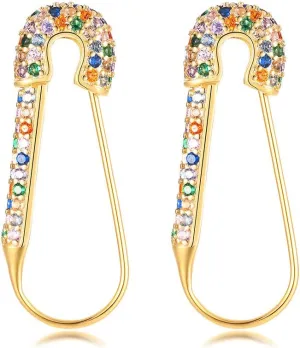 CZ Safety Pin Cartilage Huggie Hoop Earrings for Women Girls Dainty Cubic Zirconia Dangle Drop Hypoallergenic Stud Post Pave Crystal Fashion Hoops Jewelry Gold Plated