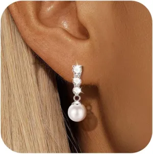 CZs Pearl Drop Earrings for Women 925 Sterling Silver Pearl Drop Wedding Dainty Rhinestone Shiny CZ White Pearl Stud Earring to Daughter Mom Wife Birthday Jewelry Holiday Prom Gift for Her 