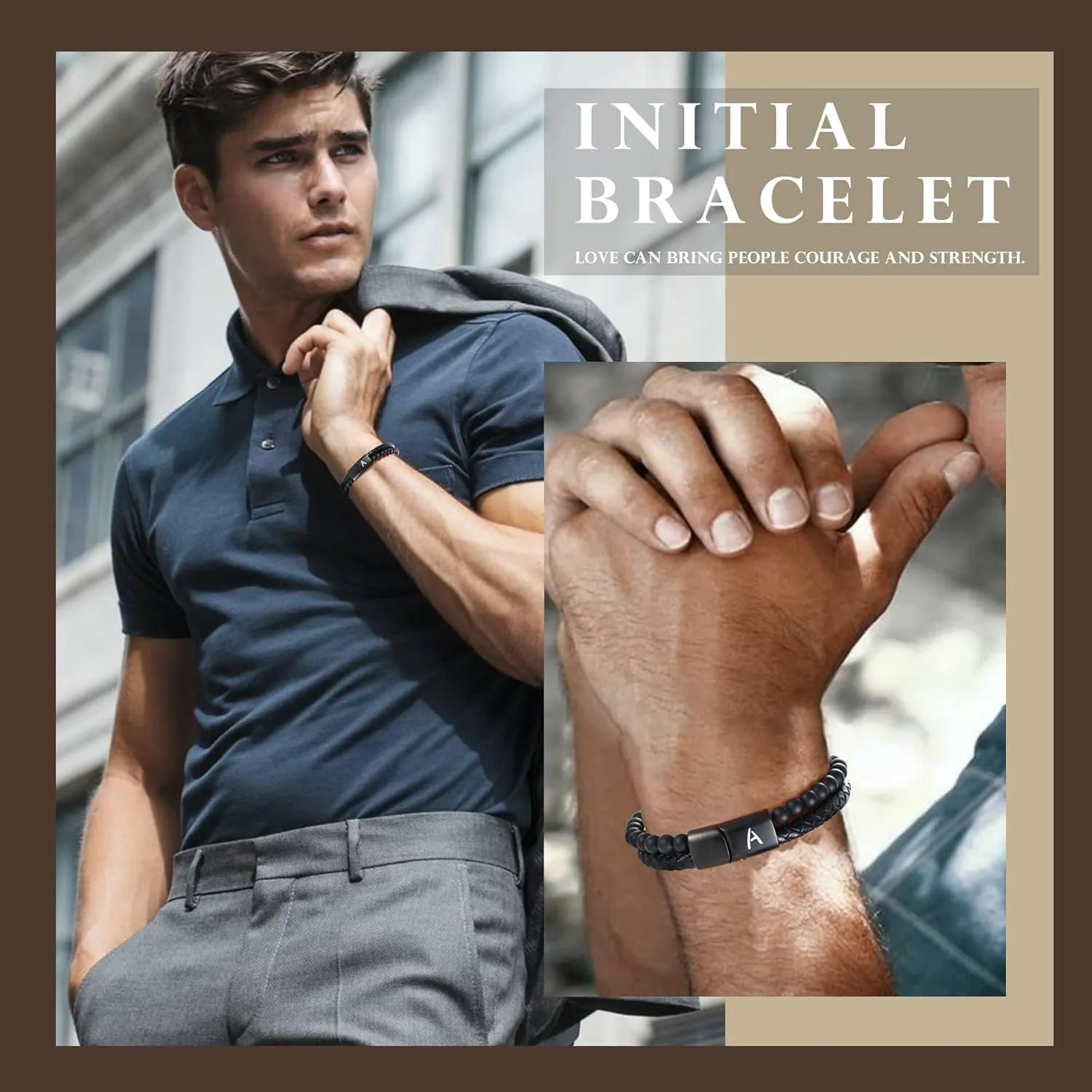 Dad Gifts for Fathers Day Leather Bracelet for Men Initial A-Z Layered Black Beaded Bracelets I Love You Gifts for Him Anniversary Birthday Gift for Boyfriend Son Christmas Easter Jewelry