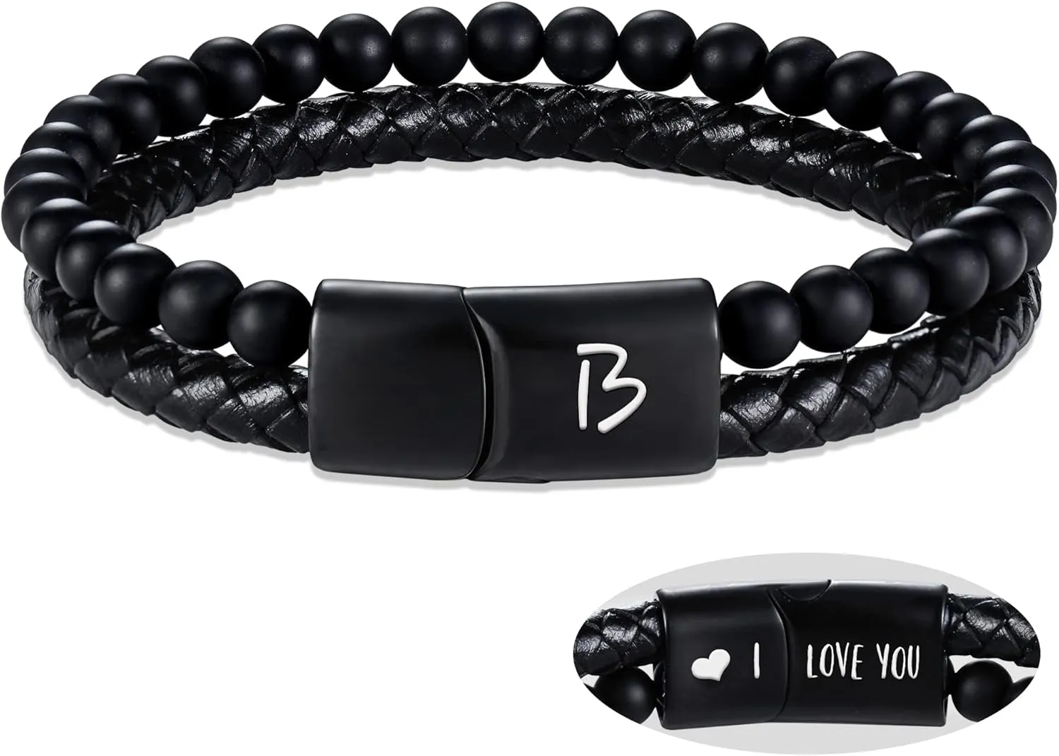 Dad Gifts for Fathers Day Leather Bracelet for Men Initial A-Z Layered Black Beaded Bracelets I Love You Gifts for Him Anniversary Birthday Gift for Boyfriend Son Christmas Easter Jewelry