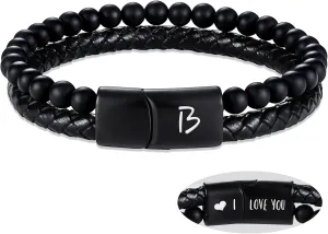 Dad Gifts for Fathers Day Leather Bracelet for Men Initial A-Z Layered Black Beaded Bracelets I Love You Gifts for Him Anniversary Birthday Gift for Boyfriend Son Christmas Easter Jewelry