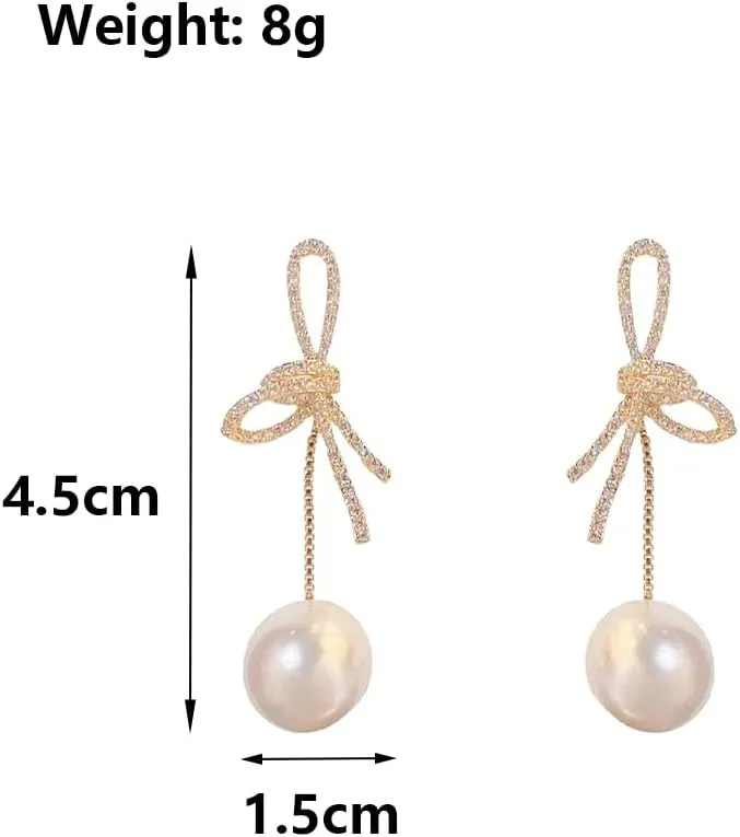 Dainty Bow Pearl Dangle Earrings for Women,18K Gold Cubic Zirconia Bowknot Drop Earrings,Aesthetic Anniversary Jewelry Gift