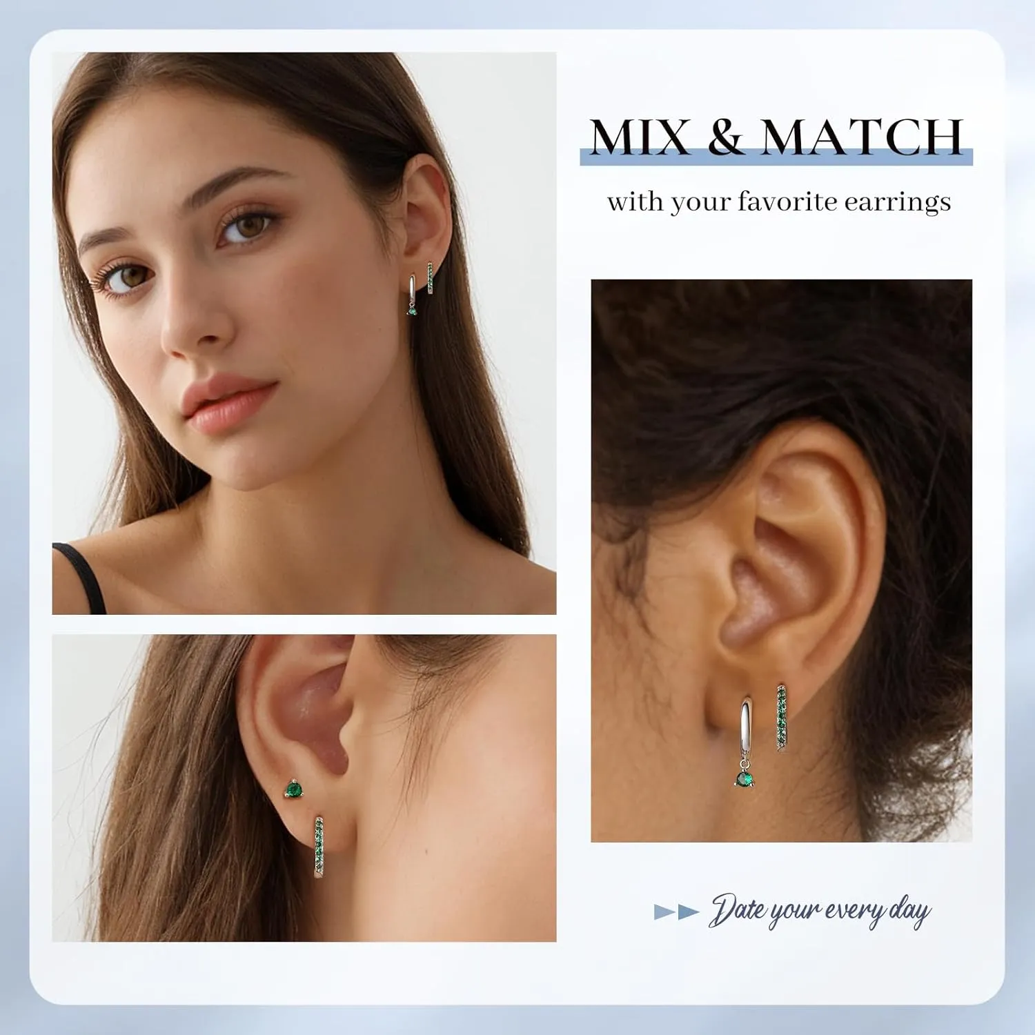 Dainty Earrings Set for Women, Gold|Silver Emerald Green | Shiny CZ Hoop Stud Earrings Set, 14K Gold Plated Hypoallergenic Lightweight No Tarnish No Lead & Nickel