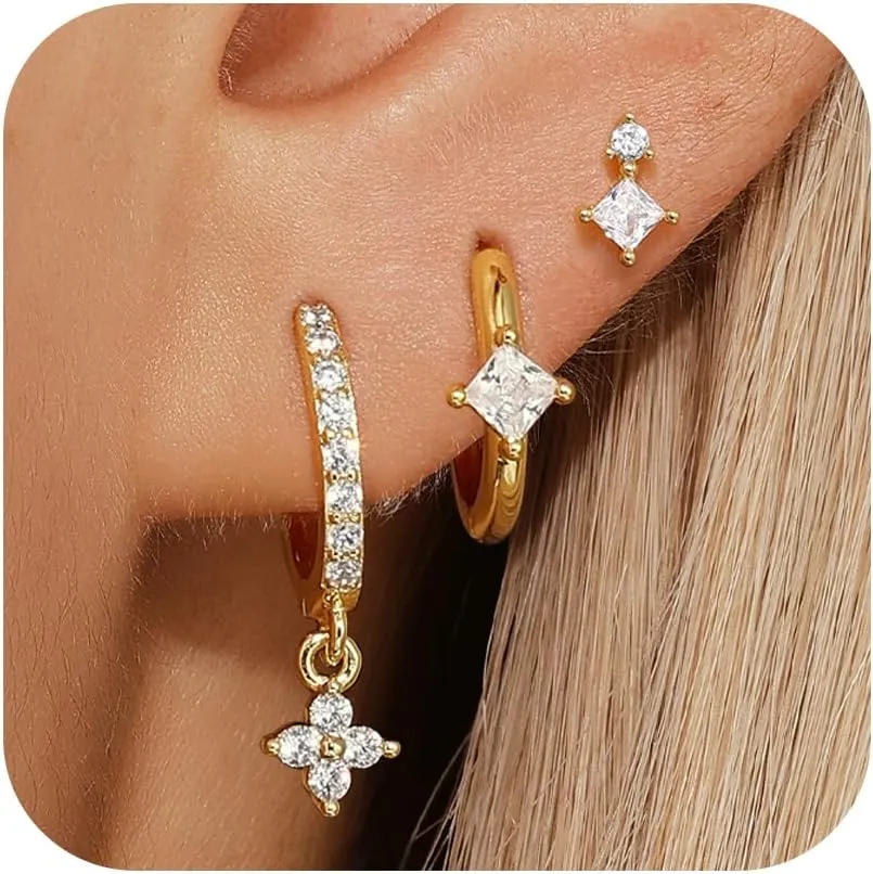 Dainty Earrings Set for Women, Gold|Silver Emerald Green | Shiny CZ Hoop Stud Earrings Set, 14K Gold Plated Hypoallergenic Lightweight No Tarnish No Lead & Nickel