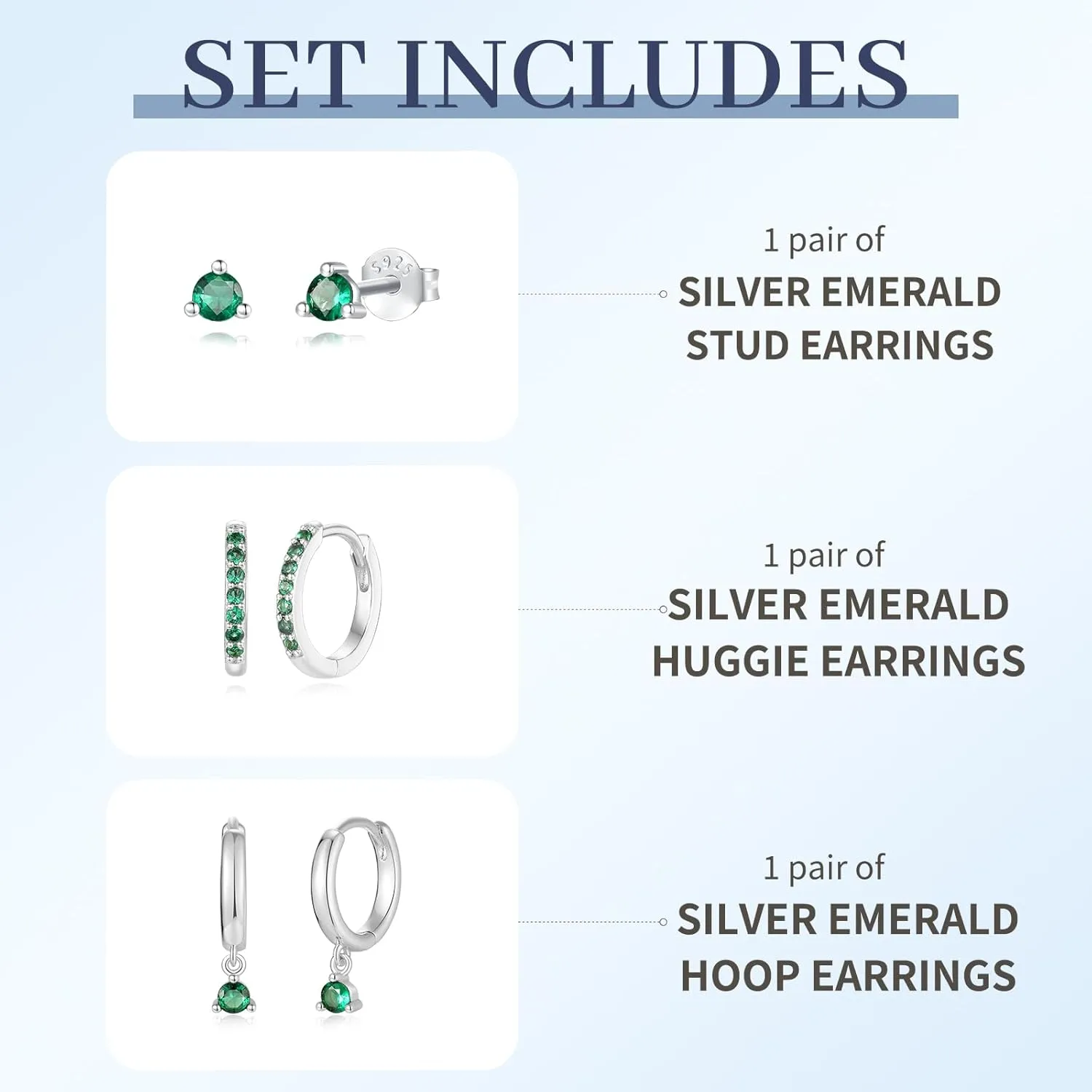 Dainty Earrings Set for Women, Gold|Silver Emerald Green | Shiny CZ Hoop Stud Earrings Set, 14K Gold Plated Hypoallergenic Lightweight No Tarnish No Lead & Nickel