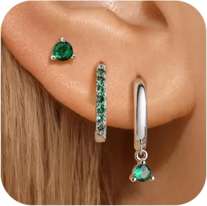 Dainty Earrings Set for Women, Gold|Silver Emerald Green | Shiny CZ Hoop Stud Earrings Set, 14K Gold Plated Hypoallergenic Lightweight No Tarnish No Lead & Nickel
