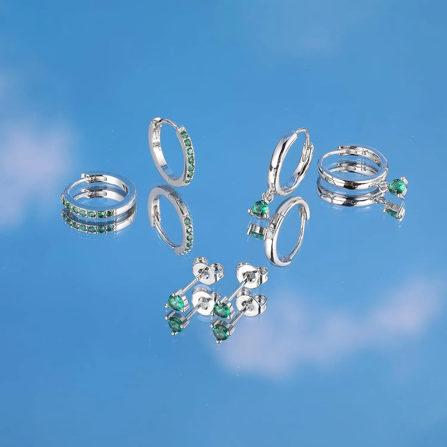Dainty Earrings Set for Women, Gold|Silver Emerald Green | Shiny CZ Hoop Stud Earrings Set, 14K Gold Plated Hypoallergenic Lightweight No Tarnish No Lead & Nickel