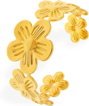 Dainty Gold Flower Cuff Bangle Bracelets for Women, Trendy Statement Adjustable Floral Textured Wide Bangles Jewelry Gift