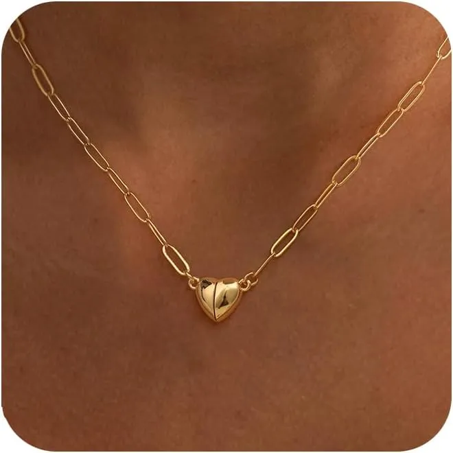 Dainty Heart Pendant Necklace for Women - 14K Gold Plated Cute Non Tarnish Satellite Paperclip O-Chain Layered Necklaces Trendy Festival Jewelry Gift