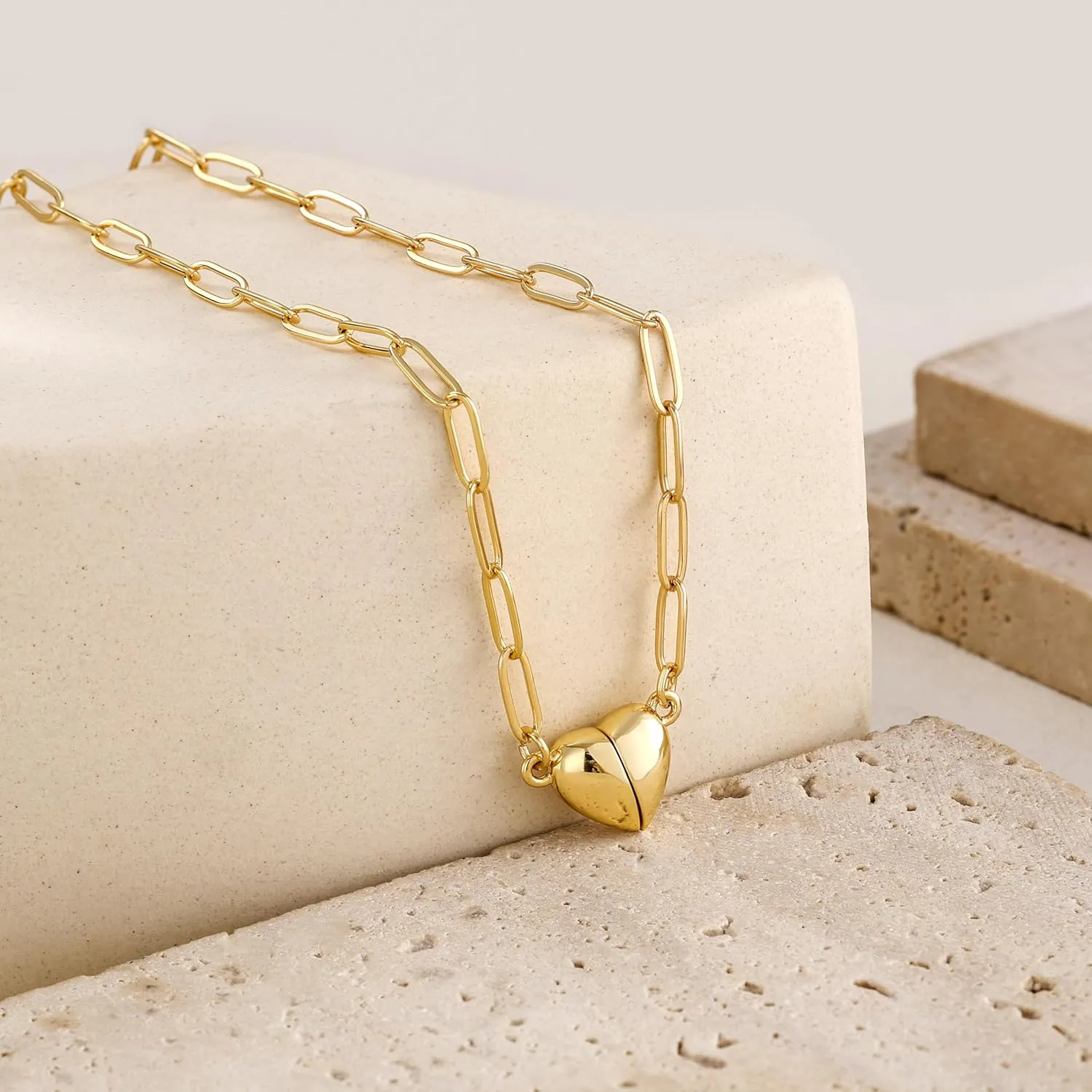 Dainty Heart Pendant Necklace for Women - 14K Gold Plated Cute Non Tarnish Satellite Paperclip O-Chain Layered Necklaces Trendy Festival Jewelry Gift