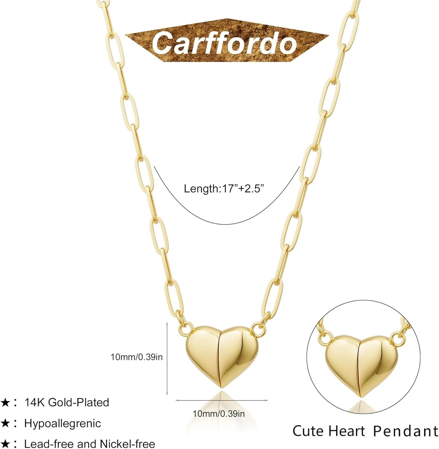 Dainty Heart Pendant Necklace for Women - 14K Gold Plated Cute Non Tarnish Satellite Paperclip O-Chain Layered Necklaces Trendy Festival Jewelry Gift