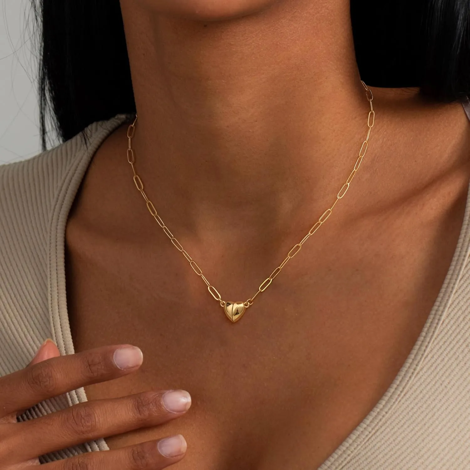 Dainty Heart Pendant Necklace for Women - 14K Gold Plated Cute Non Tarnish Satellite Paperclip O-Chain Layered Necklaces Trendy Festival Jewelry Gift