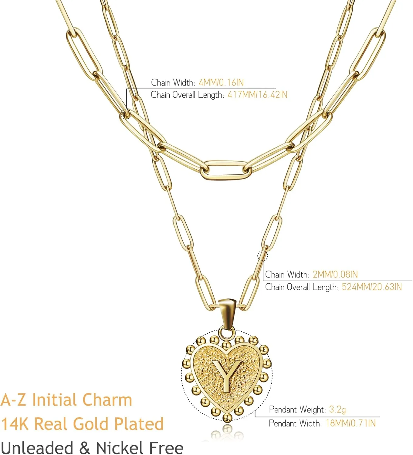 Dainty Layered Heart Initial Necklace for Women, 14K Gold Plated Paperclip Chain Letter Pendant Choker Necklaces for Women Girls