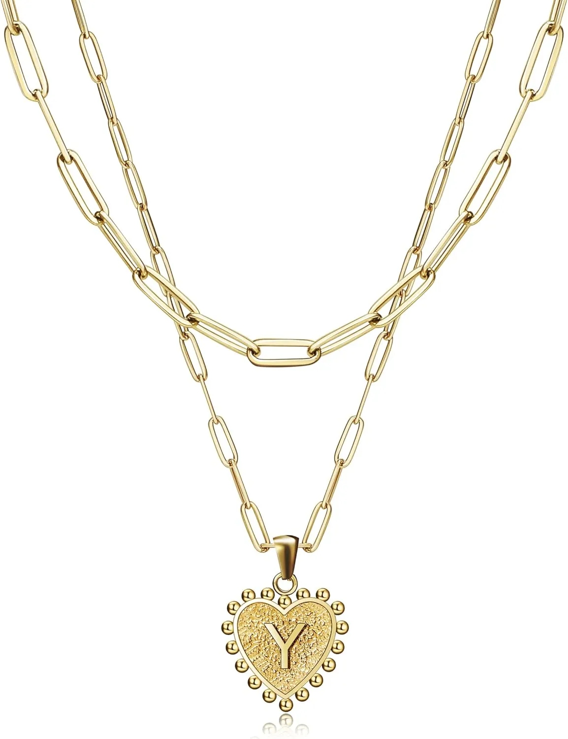Dainty Layered Heart Initial Necklace for Women, 14K Gold Plated Paperclip Chain Letter Pendant Choker Necklaces for Women Girls