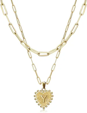 Dainty Layered Heart Initial Necklace for Women, 14K Gold Plated Paperclip Chain Letter Pendant Choker Necklaces for Women Girls