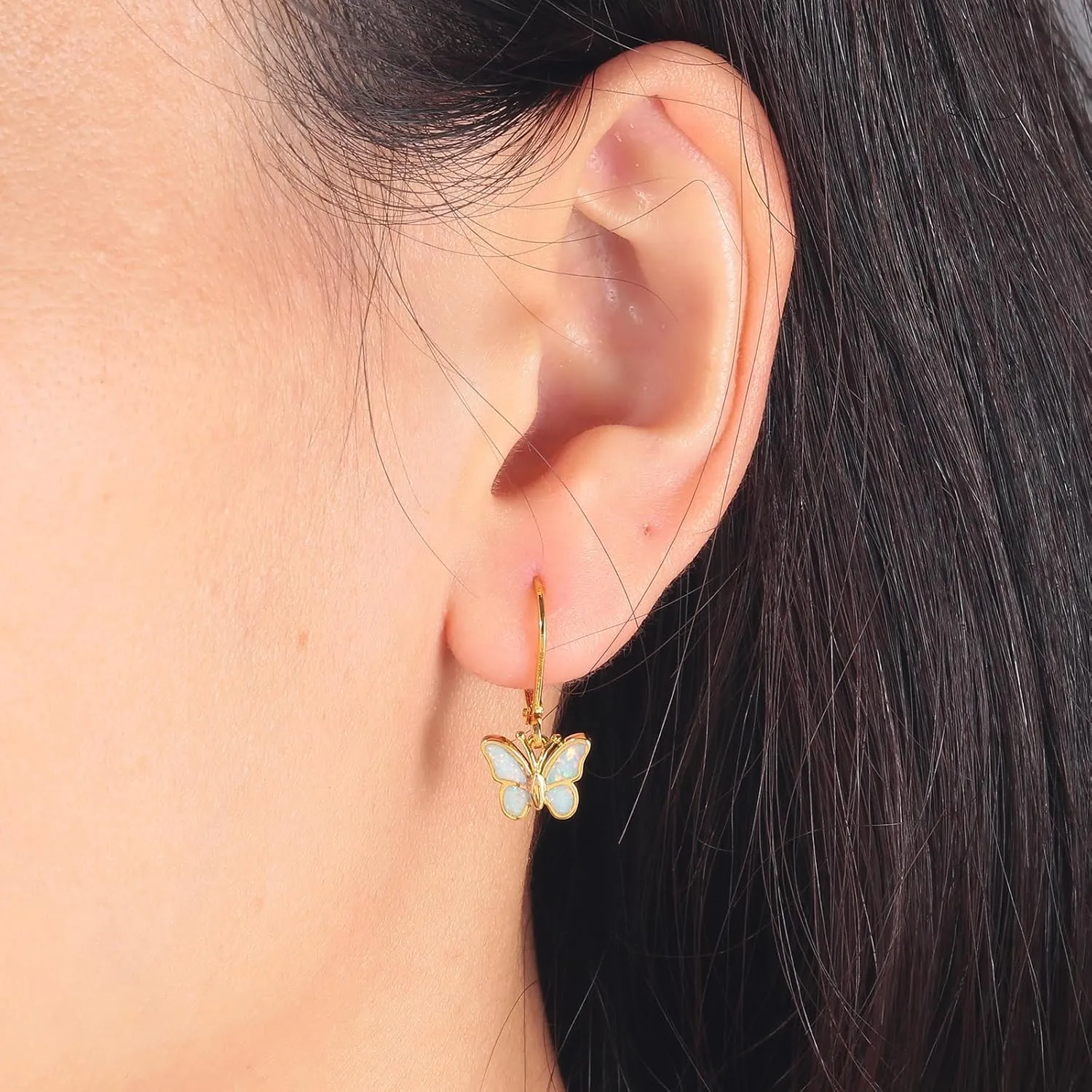 Dainty Leverback Opal Hoop Earrings 14K Gold Plated Butterfly Dangle Earrings Cute Huggie Hoops Jewelry Christmas Gifts